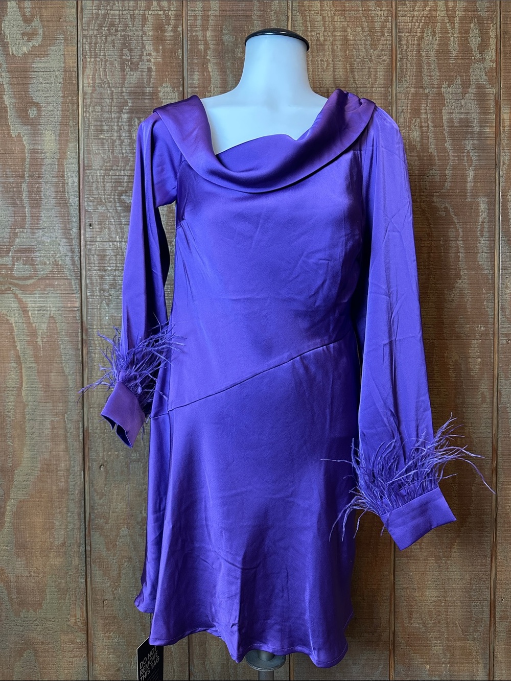 Astr Purple Satin Long-Sleeve Dress with Feathered Cuffs